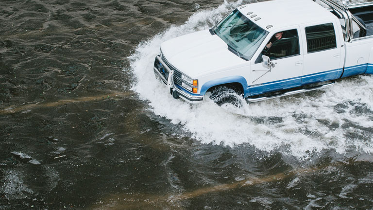 A truck in flood waters